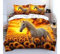 BSYYZQC Housse de Couette 140x200 Cheval Parure de Lit Tournesol Ensemble de Lit Reversible, Housse de Couettes Microfibre et 2 Taies d'oreiller 65x65 cm, avec Fermeture Éclair