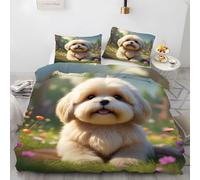 BSYYZQC Housse de Couette 160x200 Lhassa Apso Parure de Lit 160x200 Fleurs Housses de Couette Imprimé en Microfibre avec Fermeture Éclair et 2 Taies d'oreiller 65x65 cm