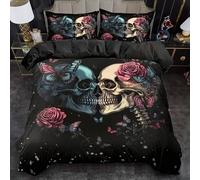 BSYYZQC Housse de Couette 200x200 CrâNe Parure de Lit Rose Rouge Ensemble de Lit Reversible, Housse de Couettes Microfibre et 2 Taies d'oreiller 65x65 cm, avec Fermeture Éclair