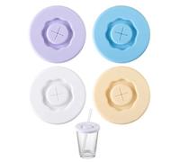 BTACGWP Cache-Gobelets Silicone Alimentaire | Lot 4 Blanc/Bleu/Jaune/Violet | Encoche Paille & Fermeture Étanche | Protection Hygiénique & Anti-débordement pour Boissons & Aliments