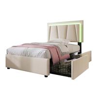 BTBHIHO Lit capitonné, avec éclairage LED et 2 tiroirs, tête de lit réglable en hauteur, cadre de rangement, sommier à lattes en bois, sans matelas, 90 x 200 cm, blanc