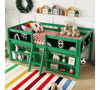 BTBHIHO Lit mi-hauteur, lit mezzanine, pour enfant, avec espace de rangement et protection anti-chute, échelle, bibliothèque et planche à dessin, en bois, avec sommier à lattes, en pin massif, sans