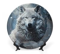 BTCOWZRV Assiette décorative en céramique avec motif loup assis dans la neige - Assiettes décoratives en porcelaine anglaise avec présentoir - Assiettes à dîner - Ornements en céramique pour