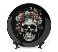 BTCOWZRV Assiette décorative en céramique motif tête de mort dans l'obscurité - Assiettes décoratives en porcelaine anglaise avec présentoir - Assiettes à dîner - Ornements en céramique pour