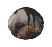 BTCOWZRV Bonnet de douche motif cheval sur une montagne brumeuse pour homme et femme - Bonnet de bain imperméable avec bande élastique - Double couche - Réutilisable - Pour tous les types de cheveux