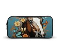 BTCOWZRV Grande trousse à crayons - Motif cheval avec fleurs et papillons - Esthétique - Pour homme et femme - Trousse de maquillage portable multifonction pour le bureau, les vacances, le style,