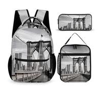 BTCOWZRV Lot de 3 sacs à dos de grande capacité multifonction Brooklyn Bridge pour ordinateur portable avec sac à déjeuner, étui à stylos, sac à dos tendance et sac à stylos 3 en 1, cadeau de voyage,