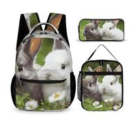 BTCOWZRV Lot de 3 sacs à dos multifonction de grande capacité avec deux petits lapins mignons pour ordinateur portable avec sac à déjeuner, trousse à crayons, sac à dos tendance et sac à stylos 3 en