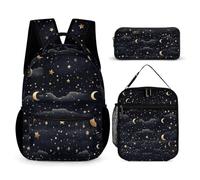 BTCOWZRV Lot de 3 sacs à dos multifonction de grande capacité avec étoiles et lune sur fond sombre pour ordinateur portable avec sac à déjeuner, trousse à crayons, sac à dos tendance et sac à stylos 3