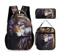 BTCOWZRV Lot de 3 sacs à dos multifonction de grande capacité avec loups et attrape-rêves pour ordinateur portable avec sac à déjeuner, trousse à crayons, sac à dos tendance et sac à stylos 3 en 1,