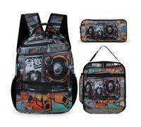 BTCOWZRV Lot de 3 sacs à dos multifonction de grande capacité, graffiti, hip-hop, sac à dos pour ordinateur portable, avec sac à déjeuner, étui à stylos, sac à dos tendance et sac à stylos, cadeau de