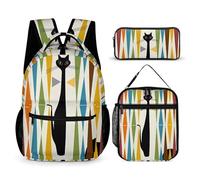 BTCOWZRV Lot de 3 sacs à dos multifonction de grande capacité, motif chat moderne du milieu du siècle, sac à dos pour ordinateur portable avec sac à déjeuner, trousse à crayons, sac à dos tendance et