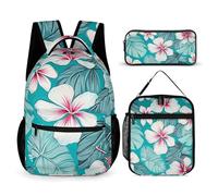 BTCOWZRV Lot de 3 sacs à dos multifonction de grande capacité, motif fleurs d'hibiscus tropical, sac à dos pour ordinateur portable avec sac à déjeuner, trousse à crayons, sac à dos tendance et sac à
