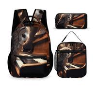 BTCOWZRV Lot de 3 sacs à dos multifonction de grande capacité, motif hibou jouant du piano, sac à dos pour ordinateur portable avec sac à déjeuner, trousse à crayons, sac à dos tendance et sac à