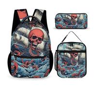 BTCOWZRV Lot de 3 sacs à dos multifonction de grande capacité, motif pieuvre et bateau, sac à dos pour ordinateur portable avec sac à déjeuner, trousse à crayons, sac à dos tendance et sac à stylos,