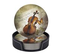 BTCOWZRV Lot de 6 dessous de verre en cuir avec support papillon et violoncelle - Dessous de verre rond pour protection de table - Pour décoration d'intérieur - 10,2 cm