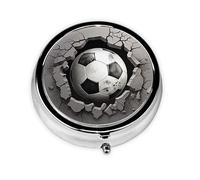 BTCOWZRV Pilulier rond à 3 compartiments en métal avec imprimé football et trous cassés pour poche, sac à main, bureau, voyage