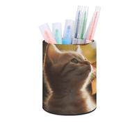 BTCOWZRV Trousse à crayons ronde en cuir synthétique avec motif de chat sous les feuilles - Trousse à crayons rétractable pour bureau - Motif chat sous les feuilles, Chat sous les feuilles, Taille
