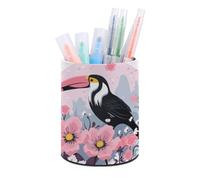 BTCOWZRV Trousse à crayons ronde en cuir synthétique avec toucan et fleurs - Trousse à crayons rétractable pour bureau - Toucan, Toucan et fleurs, Taille unique