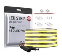 BTF-LIGHTING FCOB COB Bande LED Monocouleur Flexible Haute Densité Blanc Froid 6000K DC12V 5M 480LEDs/M 9W/M 8mm Noir PCB Ruban LED Dimmable IP66 Étanche Pour l'intérieur(Bande uniquement)