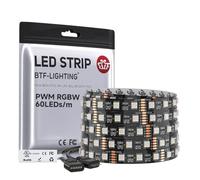 BTF-LIGHTING Ruban LED RGBW 5M 60LEDs/m 2700K-3000K 12V IP30 PCB Noir | Bande LED 5M SMD5050 4 en 1 RGB+blanc chaud pour rétroéclairage TV, cuisine et chambre. Sans contrôleur ni alimentation.