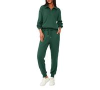 BTFBM Survêtement 2 pièces pour femme - Tenue d'automne à manches longues - Demi-fermeture éclair - Pantalon de survêtement, Vert foncé uni., Medium