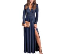 BTFONIA Femmes col en V Profond à Manches Longues Fente Automne élégant Formel Mariage invité Cocktail soirée Date Bal Maxi Longue Robe(Blue,XXL)