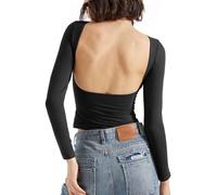 BTFONIA Hauts de Sortie Dos Nu for Femmes, Double Doublure, Dos Ouvert, Manches Longues Basiques(Black,M)