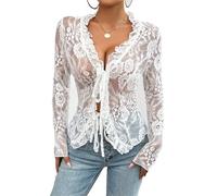 BTFONIA Hauts en Dentelle pour Femmes à Manches Longues Transparents Sexy en Maille Transparente Crop Top Chemisier Ouvert Devant à Nouer à Volants pour Femmes(White,XL)