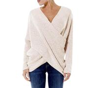 BTFONIA Pull Cache-cœur à Manches Longues pour Femme Pull Cache-cœur croisé à Blocs de Couleurs Col en V Profond Pull en Tricot torsadé Pull Haut(Apricot,L)