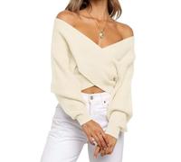 BTFONIA Pull Court à col en V for Femme, Manches Longues, croisé sur Le Devant, épaules dénudées, Couleur Unie, Automne(White,M)