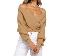 BTFONIA Pull Court à col en V for Femme, Manches Longues, croisé sur Le Devant, épaules dénudées, Couleur Unie, Automne(Brown,S)