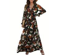 BTFONIA Robe de soirée Longue décontractée à Fleurs for Femmes, col en V Profond, Manches Longues, Robe de Cocktail, Robe de mariée Maxi(6#,XXL)