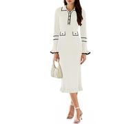 BTFONIA Robe Pull Moulante à col en V for Femme Manches Longues Demi-Bouton Coupe ajustée Volants Tricot côtelé Robe Crayon Longue(White,S)