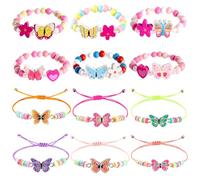 BTHRORO 12 Pièces Bracelet Fille Bracelet Amitié Papillon en Perles Colorées Élastique et Modèle Tressé Ajustable, Bijoux Papillon, Cadeaux d'Anniversaire et de Noël pour Filles