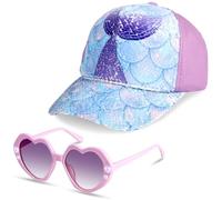 BTHRORO Casquettes de Baseball et Lunettes de Soleil pour Filles, Pailletée Sirènes Réglable Chapeau de Baseball Lunettes Soleil pour Enfants Casquette Été Accessoires