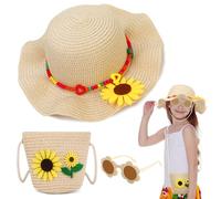 BTHRORO Chapeau de Paille et Petit Sac pour Filles, Ensemble de Chapeau de Soleil Décoré de Fleurs avec Lunette de Soleil pour Enfants, Chapeau d'été à Larges Bords pour Les Voyages à la Plage