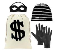 BTHRORO Ensemble de Costume de Voleur en,sac d'argent dollar,masque pour les yeux de bandit,bonnet en tricot,gants pour Halloween,Cosplay de Cambrioleur de Banque Pirate Thème de Voleur de Bijoux