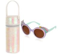 BTHRORO Licorne Lunette de Soleil Enfant pour Filles avec Etui Lunettes Souple, Pochette Lunettes Réfléchissant Cylindrique avec Fermeture Éclair Étui Lunettes en Cuir Portable