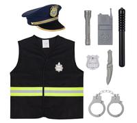 BTHRORO Police Deguisement 8 pièces Policier Costume Accessoires avec Chapeau de policier Gilet Menottes et accessoires, Jouet pour Garçons Halloween Carnaval Jeu de rôle de Police Fête à thème