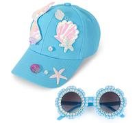 BTHRORO Set Casquette Fille Lunette de Soleil Enfant, Casquette de Baseball Queue de Sirène pour Filles Chapeau Été Réglable et Forme de Fleur Lunettes de Soleil avec Strass Perles