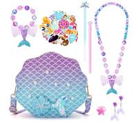 BTHRORO Sirènes Cadeau Sac à Main Bijoux Enfants Fille, Mignon Coquillage Sac Bandoulière Princesse Collier Bracelet Bague Boucles d'oreilles Set pour Fille Habiller Jeu Anniversaire Noël Cadeau