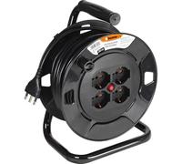 BTICINO Enrouleur de câble S2620, rallonge électrique 20 mètres, 4 prises Schuko polyvalentes, bipolaire, grande fiche 16 A, interrupteur thermique, poignée ergonomique, serre-câble, Full Black