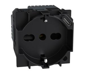 BTICINO Living Now, prise Schuko italienne P40 + chargeur USB Type C, Quick Charge, prise électrique avec alvéoles protégées, compatible avec prises italiennes/Schuko, 2 modules, noir, KG4140A16USB
