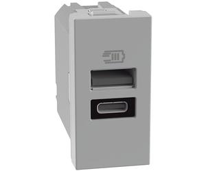 BTICINO MatixGO Prise de courant avec port USB 1 module Gris JG4191AC Chargeur USB avec un port type A et un type C, 15 W