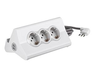 BTicino STARDESK Multiprise de Bureau avec 10 A, 3 Prises P30, 2 Prises USB, avec Interrupteur, Longueur du câble 2 mètres, Blanc, S3713DBU