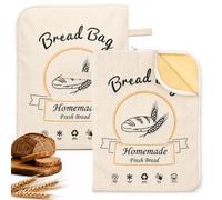 BTIFU Lot de 2 sacs à pain en cire d'abeille pour levain, sacs à pain réutilisables en lin bio et coton avec large fermeture éclair en forme de L, garde au frais, 33 x 43 cm, sac à pain portable pour