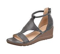 BTKD Sandales Femme Été Confortable Cuir,Talon Compensé Chunky Chaussure Sandale Confortables Cuir Souple Vintage Élégance Chaussures Fermeture Eclair Rome Sandales,Gris,38