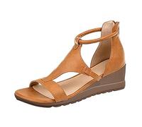 BTKD Sandales Femme Été Confortable Cuir,Talon Compensé Chunky Chaussure Sandale Confortables Cuir Souple Vintage Élégance Chaussures Fermeture Eclair Rome Sandales,Marron,40
