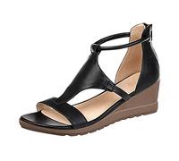 BTKD Sandales Femme Été Confortable Cuir,Talon Compensé Chunky Chaussure Sandale Confortables Cuir Souple Vintage Élégance Chaussures Fermeture Eclair Rome Sandales,Noir,40